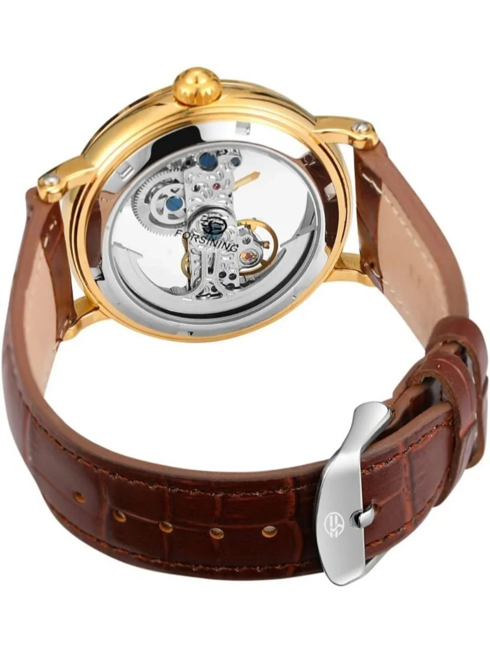 Men's Silver Brown Unique Design Automatic Genuine Leather Strap Skeleton Watch